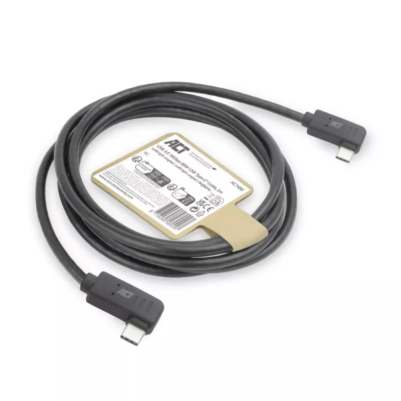 Cable ACT USB 3.0 10Gbps 60W de USB Type-C® (acodado izquierda/derecha) a USB Type-C® (acodado izquierda/derecha), 2 metros