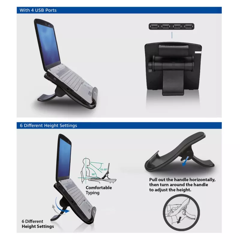 Soporte para portátil ACT AC8100 con 6 niveles de altura ajustables y hub de 4 puertos