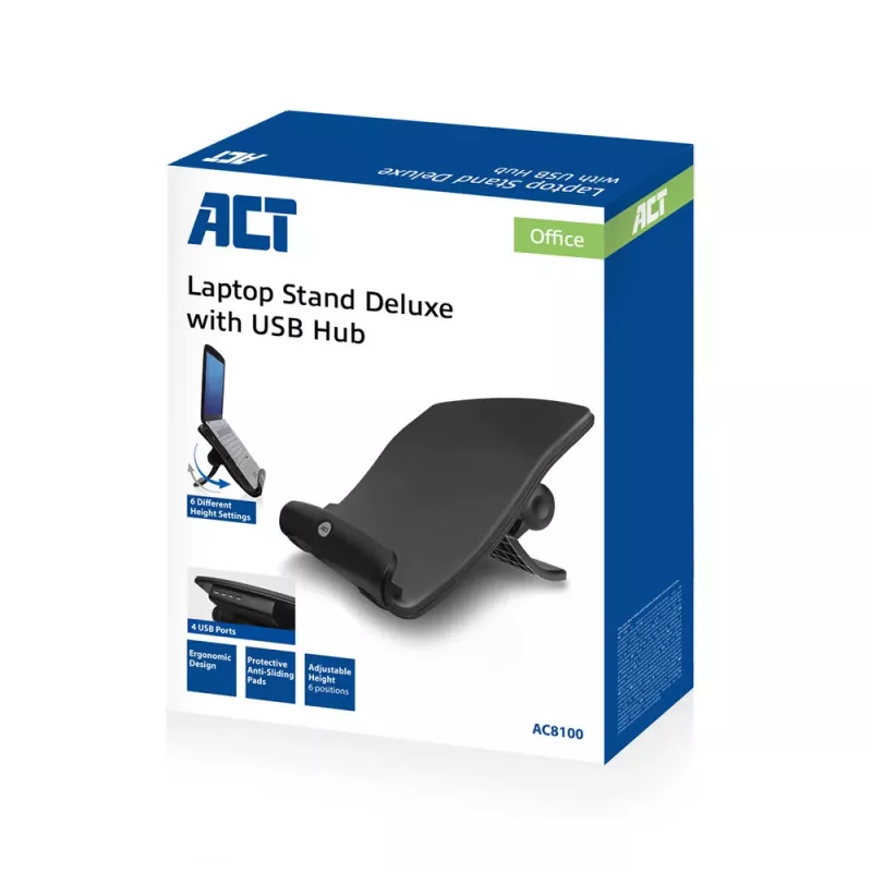 Soporte para portátil ACT AC8100 con 6 niveles de altura ajustables y hub de 4 puertos