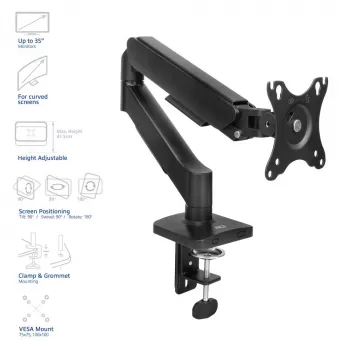 Brazo de monitor ACT para pantallas de 35 pulgadas, muelle de gas, monitor único, pinza/pasacables de mesa, hasta 9 kg, VESA 75x75–100x100, inclinación ±45°, negro