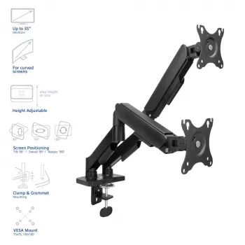 Brazo de monitor ACT 35 pulgadas, muelle de gas, 2 monitores, Essentials, pinza/pasacables de mesa, 18 kg, 43,2 cm (17 pulgadas), 88,9 cm (35 pulgadas), 100 x 100 mm, negro