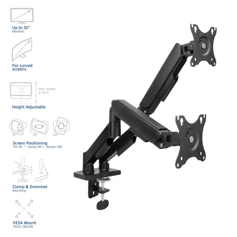 ACT Essentials AC8314 brazo para monitor, 35 pulgadas (88,9 cm), resorte de gas, 2 monitores