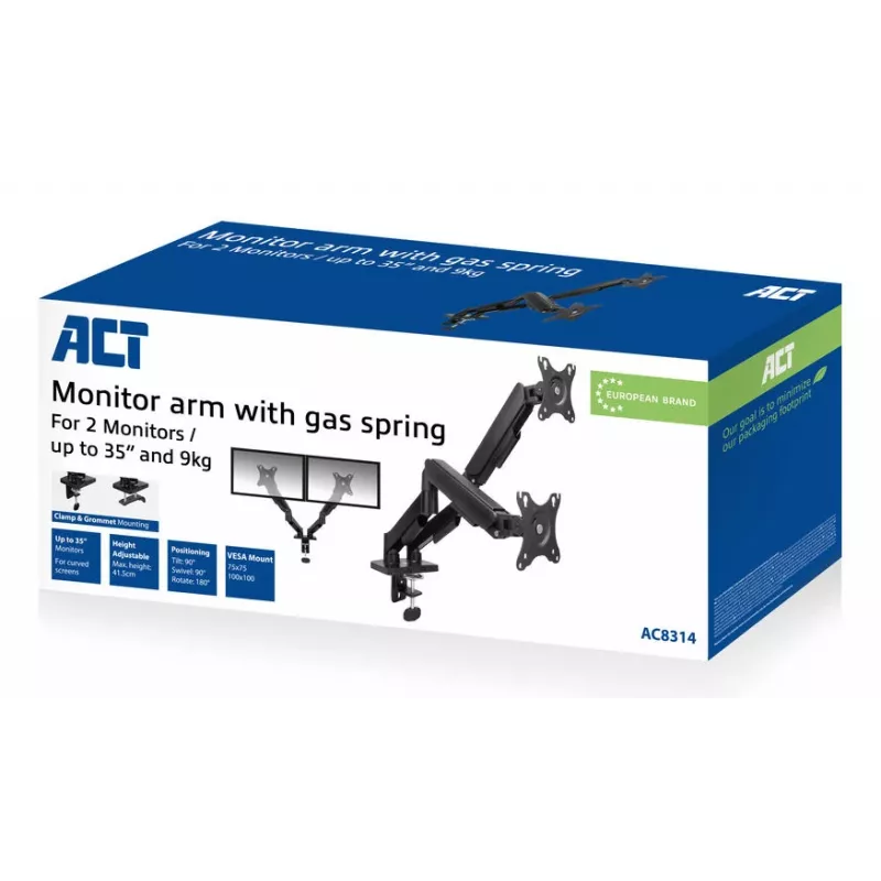 ACT Essentials AC8314 brazo para monitor, 35 pulgadas (88,9 cm), resorte de gas, 2 monitores