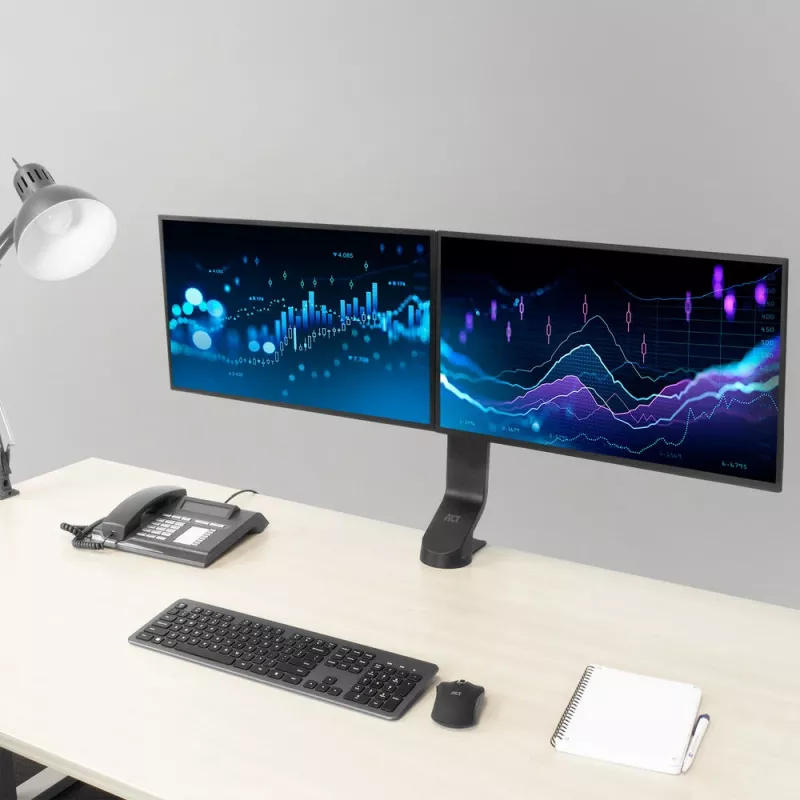 Brazo doble para monitor ACT de oficina con ajuste rápido de altura, pinza/pasacables, 14 kg