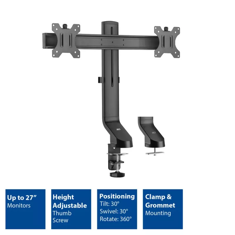 Brazo doble para monitor ACT de oficina con ajuste rápido de altura, pinza/pasacables, 14 kg