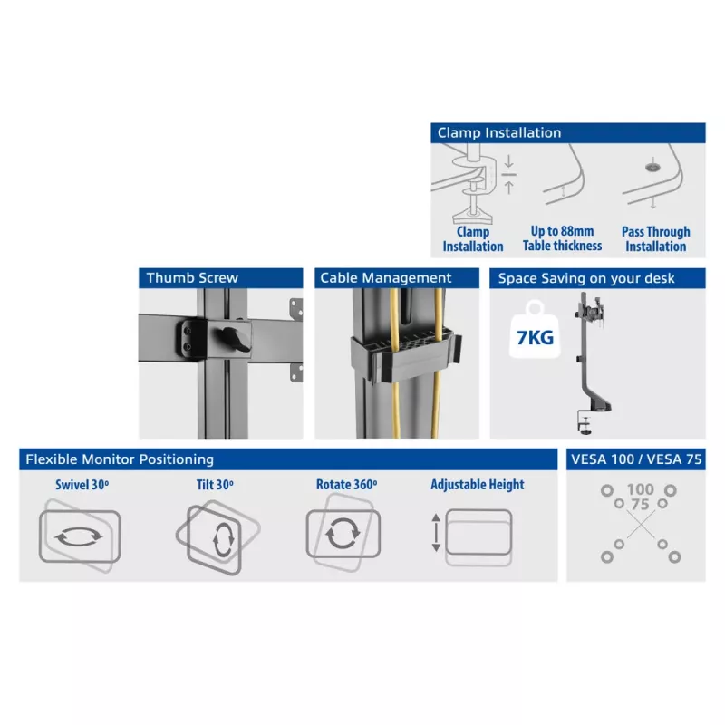 Brazo doble para monitor ACT de oficina con ajuste rápido de altura, pinza/pasacables, 14 kg