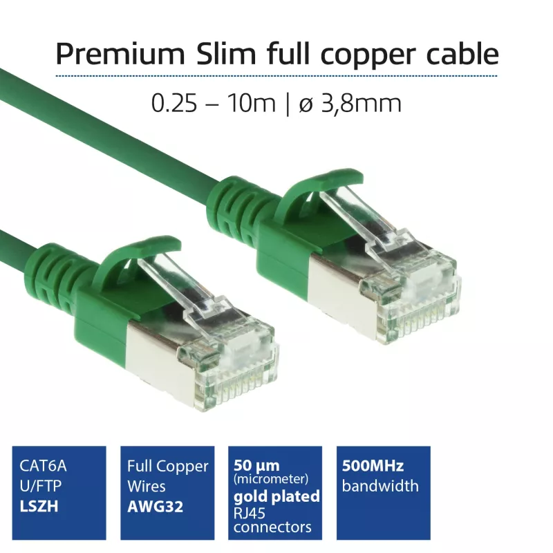 ACT Verde 1 m LSZH U/FTP CAT6A Datacenter Slimline cable de red, sin pestaña, con conectores RJ45