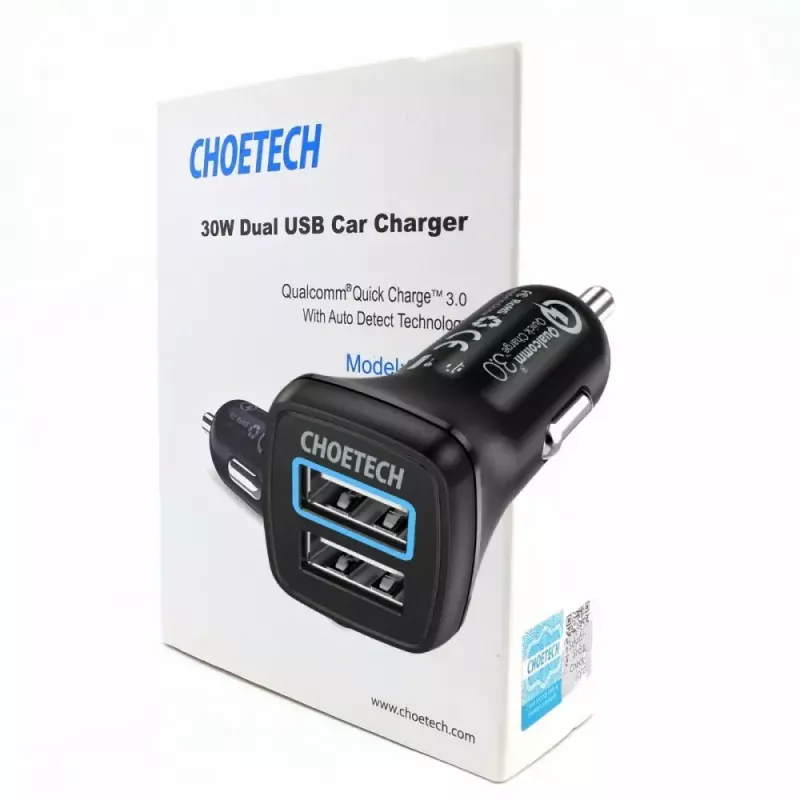 Fuente de alimentación CHOETECH C0051 dual USB-A 36W QC3.0, negro