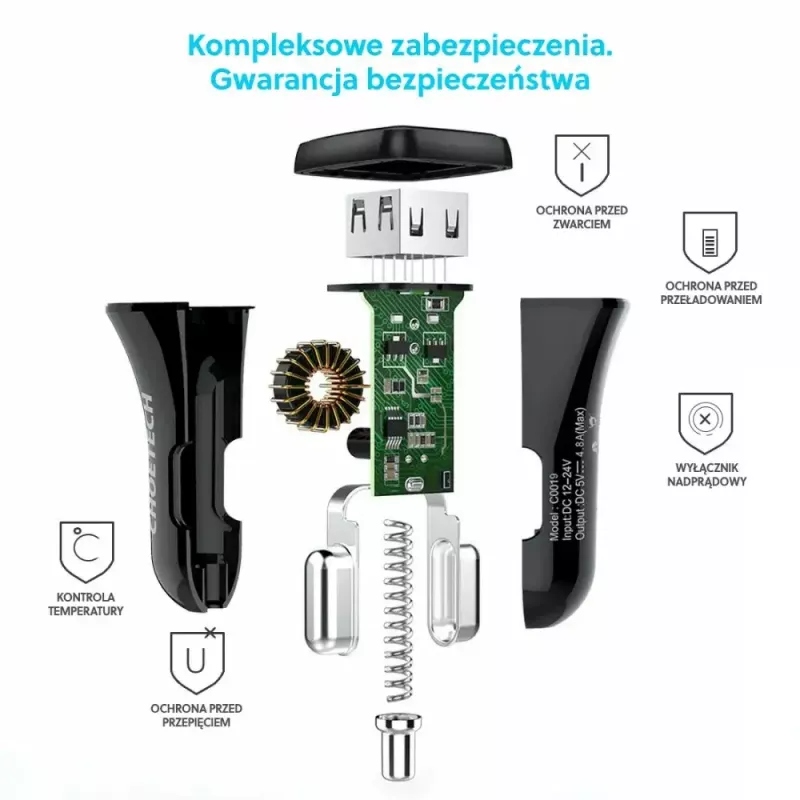 Fuente de alimentación CHOETECH C0051 dual USB-A 36W QC3.0, negro