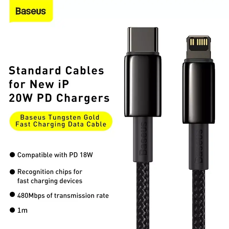 Cable Baseus Tungsten Gold 1 m negro Lightning a USB C