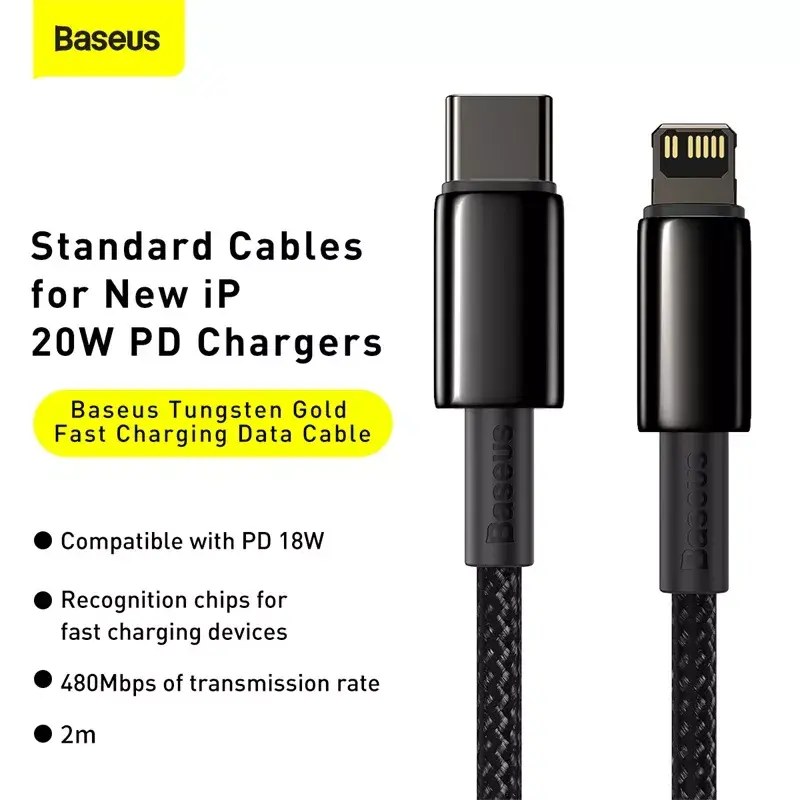 Cable Baseus Tungsten Gold 2 m negro Lightning USB C