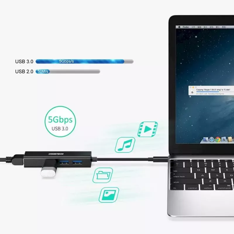 Adaptador USB Type-C a RJ-45 Ethernet con 3x USB Type-A CHOETECH HUB-U02BK