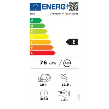 Lavavajillas estrecho de libre instalación BEKO DVS05024W — 10 cubiertos, 45 cm, 49 dB, clase energética E