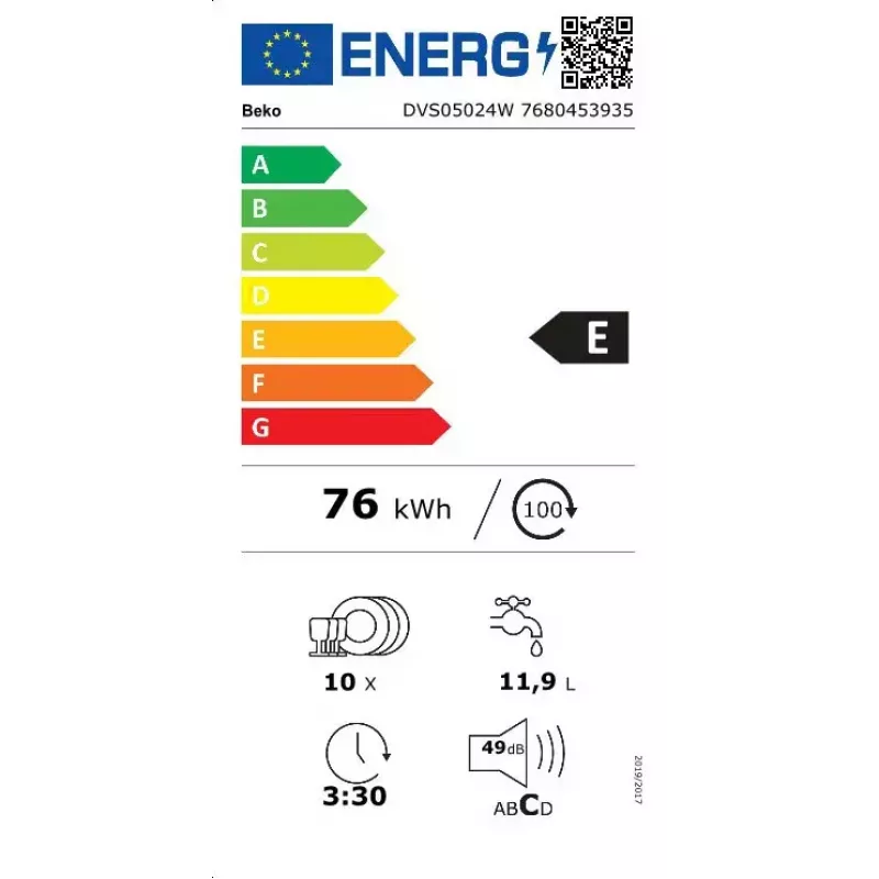Lavavajillas estrecho de libre instalación BEKO DVS05024W — 10 cubiertos, 45 cm, 49 dB, clase energética E