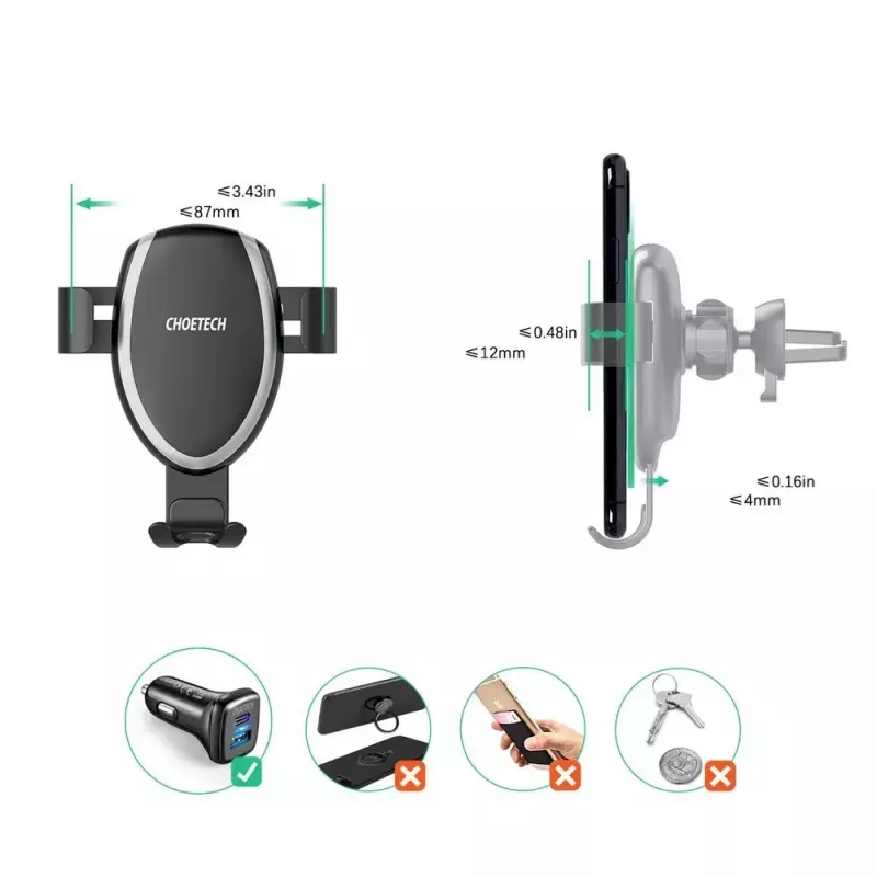 Soporte para móvil de coche CHOETECH T536-S con carga inalámbrica de 10W, montaje en salpicadero/parabrisas