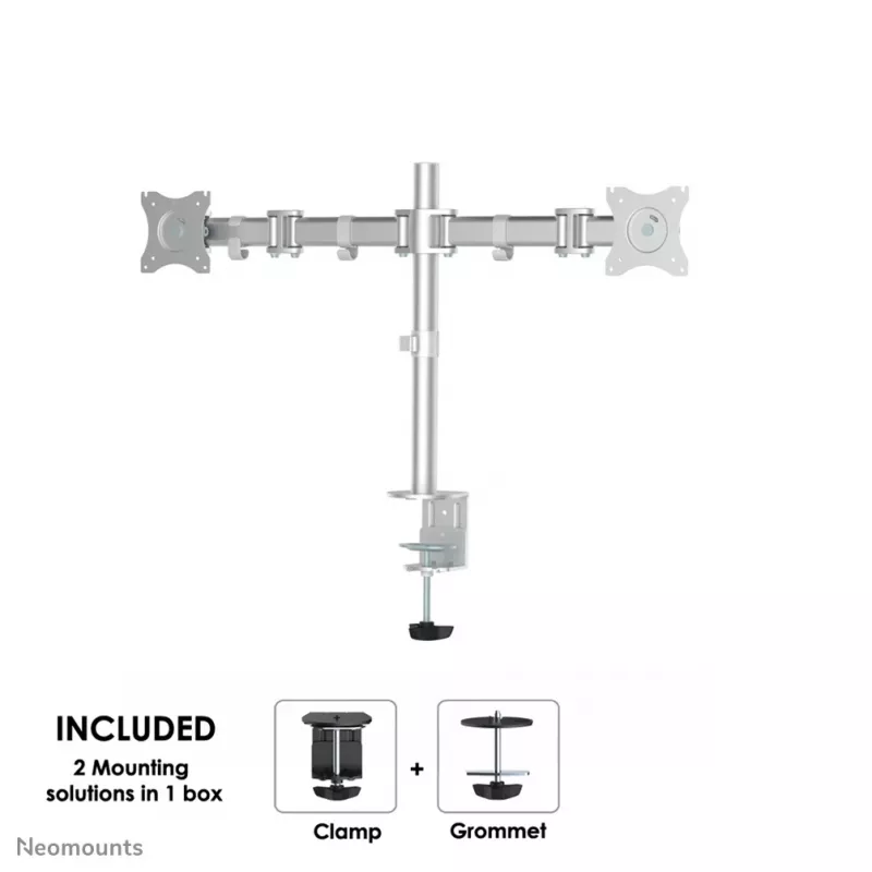 Neomounts NM-D135DSILVER Soporte para monitor 10-27 inch, pinza de mesa/pasacables de mesa, 8 kg, 25,4 cm (10 inch), 68,6 cm (27 inch), 100 x 100 mm, Plata