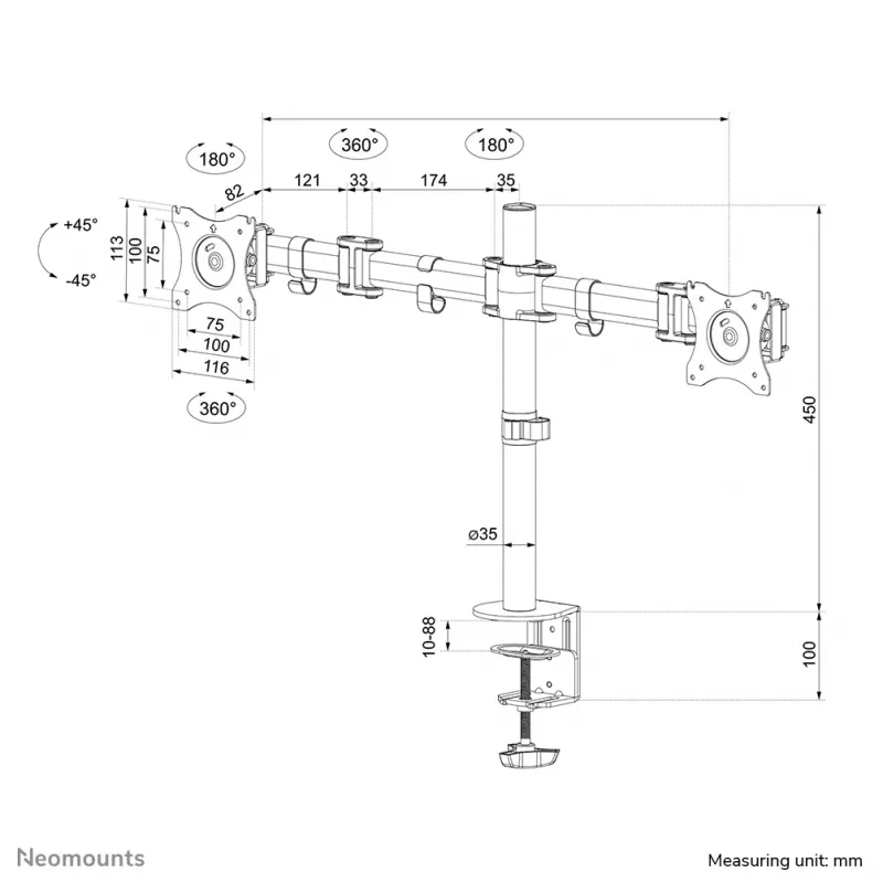 Neomounts NM-D135DSILVER Soporte para monitor 10-27 inch, pinza de mesa/pasacables de mesa, 8 kg, 25,4 cm (10 inch), 68,6 cm (27 inch), 100 x 100 mm, Plata