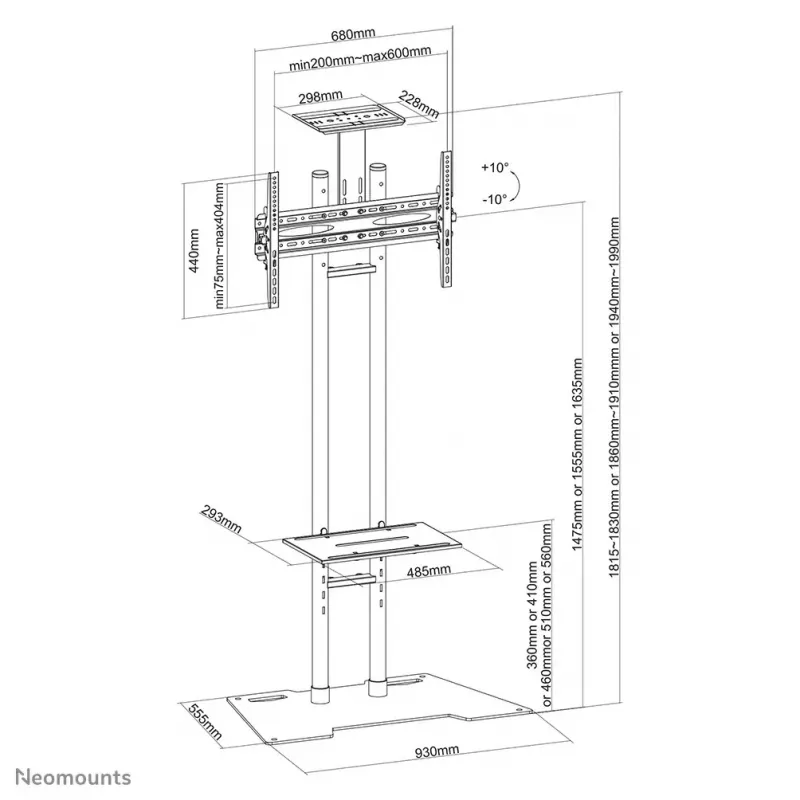 Soporte de suelo Neomounts PLASMA-M1700ES para pantallas de 32 inch–70 inch, 50 kg, VESA 200x200–600x400, altura 1475–1635 mm, inclinación 0–15° (negro)