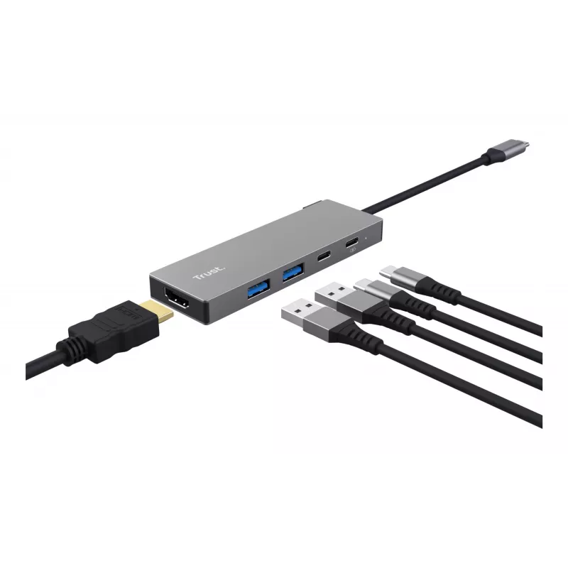 Hub USB Type-C TRUST 26062 — HDMI + USB 3.2 Gen 1 Type-A y Type-C, Gris, 5 conexiones