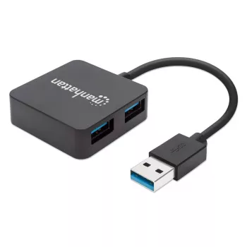 Manhattan Hub USB-A de 4 puertos, 4 puertos USB-A, 5 Gbps (USB 3.2 Gen1 también conocido como USB 3.0), alimentado por USB (no requiere fuente de alimentación externa). Carga rápida: 1 puerto hasta 0,9 A; la carga en 4 puertos requiere una fuente de alimentación externa (no incluida), cumple con ST4300MINU3B