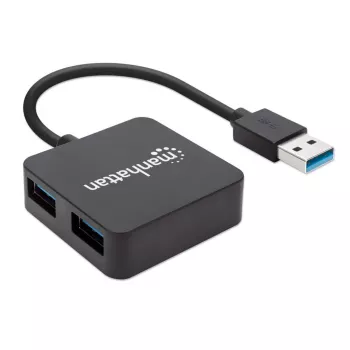 Manhattan Hub USB-A de 4 puertos, 4 puertos USB-A, 5 Gbps (USB 3.2 Gen1 también conocido como USB 3.0), alimentado por USB (no requiere fuente de alimentación externa). Carga rápida: 1 puerto hasta 0,9 A; la carga en 4 puertos requiere una fuente de alimentación externa (no incluida), cumple con ST4300MINU3B