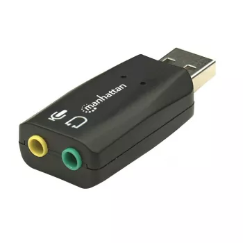 Adaptador de sonido Manhattan USB-A, USB-A a entrada de micrófono y salida de audio de 3,5 mm, 480 Mbit/s (USB 2.0), compatible con sonido envolvente 3D y virtual 5.1, Hi-Speed USB, negro, tres años de garantía