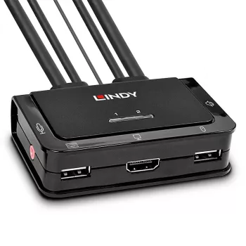 Conmutador KVM Lindy 2 puertos HDMI 4K30, USB 2.0 y audio con cable, 1920 x 1080 píxeles, negro