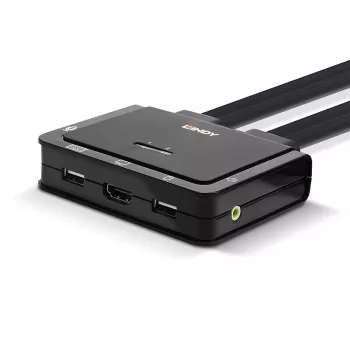 Conmutador KVM Lindy 2 puertos HDMI 4K30, USB 2.0 y audio con cable, 1920 x 1080 píxeles, negro