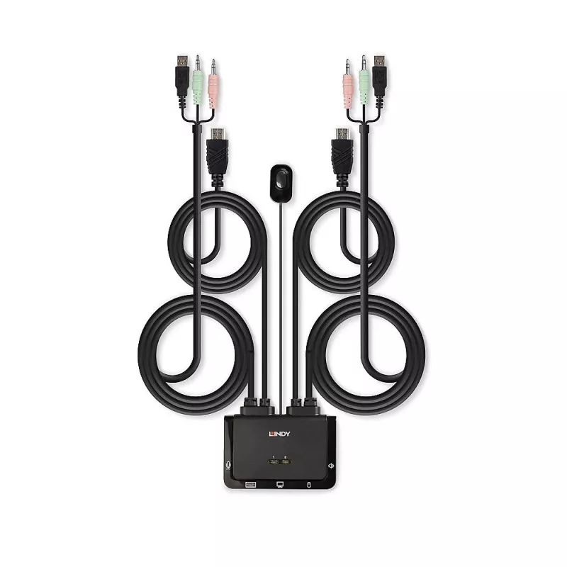 Conmutador KVM Lindy 2 puertos HDMI 4K30, USB 2.0 y audio con cable, 1920 x 1080 píxeles, negro
