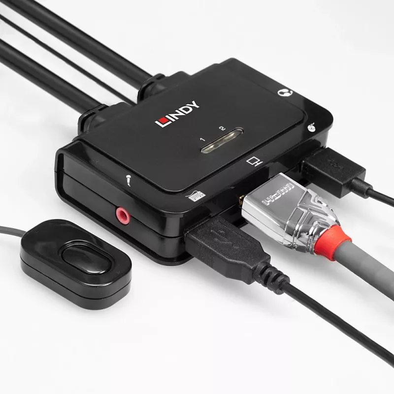 Conmutador KVM Lindy 2 puertos HDMI 4K30, USB 2.0 y audio con cable, 1920 x 1080 píxeles, negro