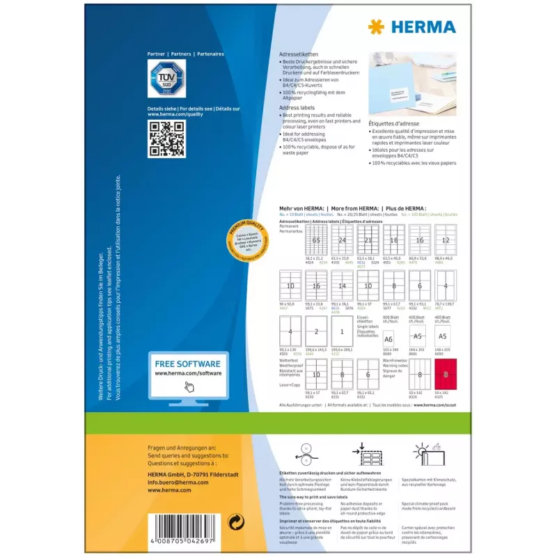 Etiquetas de direcciones HERMA Premium A4 99,1x67,7 mm 800 uds.