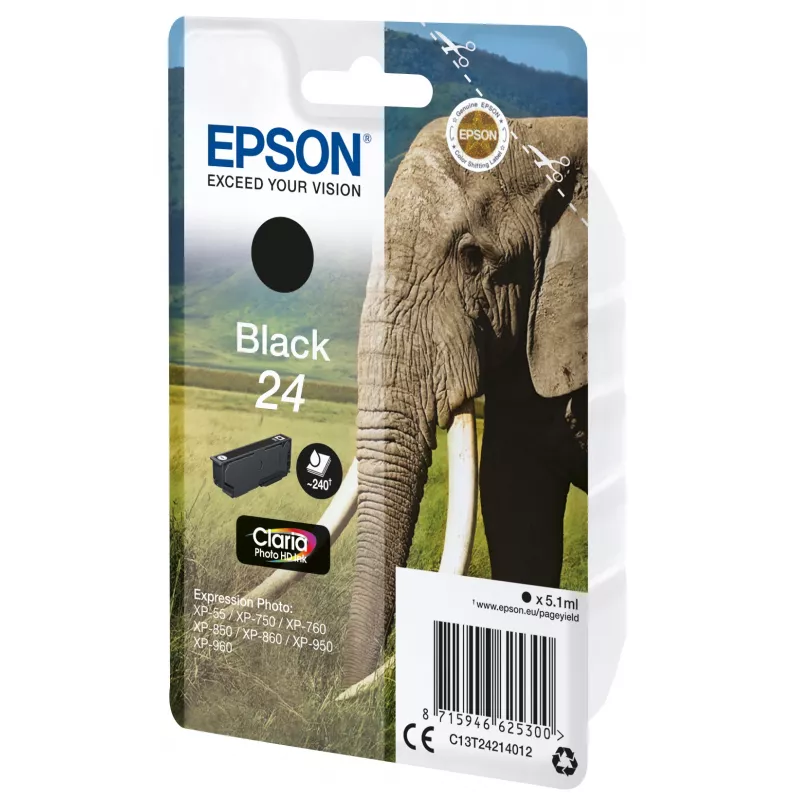 Tinta Epson Elephant Singlepack negra 24 Claria Photo HD, negra, tinta pigmentada, 5,1 ml, 1 unidad, 240 páginas, pack individual
