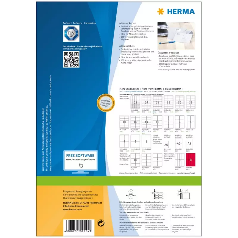 Etiquetas de direcciones Premium HERMA A4 38,1x21,2 mm 6500 uds.
