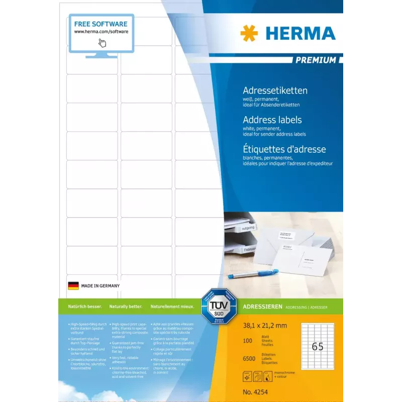 Etiquetas de direcciones Premium HERMA A4 38,1x21,2 mm 6500 uds.