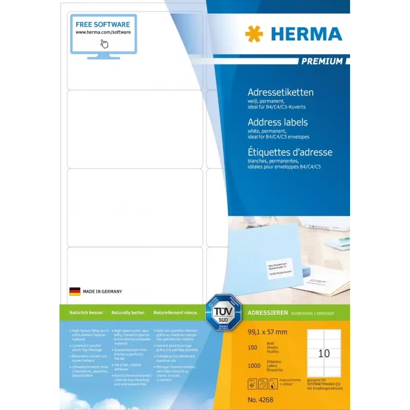 Etiquetas de direcciones Premium HERMA A4 99,1x57 mm 1000 uds.