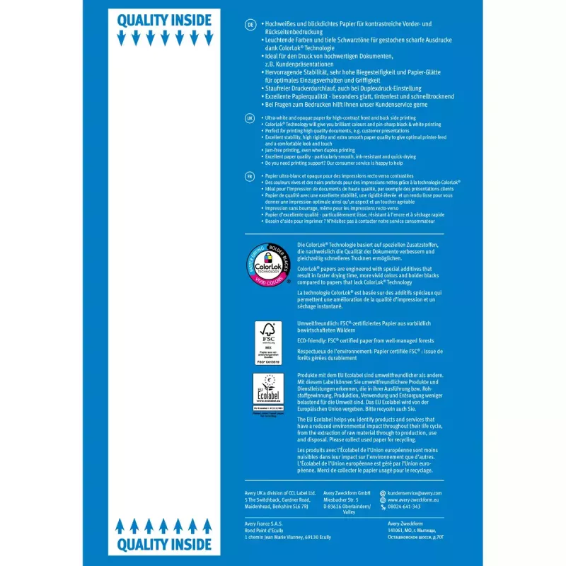 Papel de impresora A4 Avery Bright White Inkjet 500 hojas
