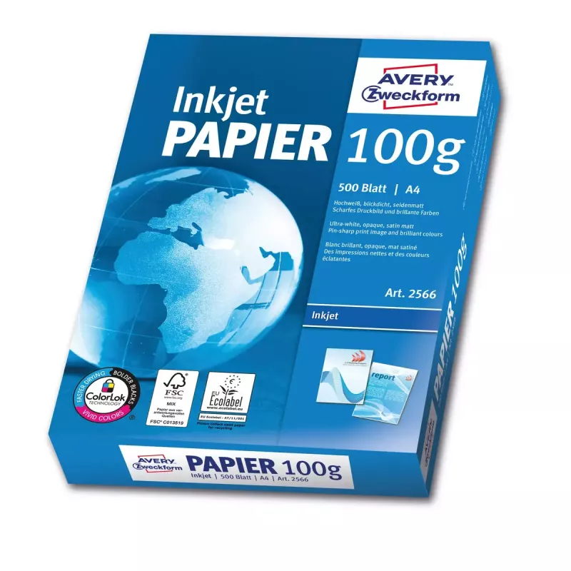 Papel de impresora A4 Avery Bright White Inkjet 500 hojas