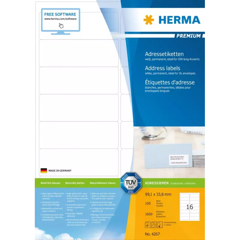 Etiquetas de direcciones autoadhesivas HERMA Premium A4 99,1x33,8 mm 1600 uds.