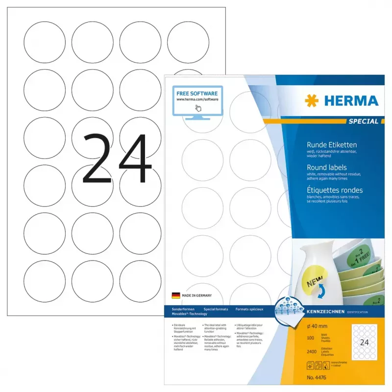 Etiquetas autoadhesivas HERMA removibles A4 Ø 40 mm 2400 uds.