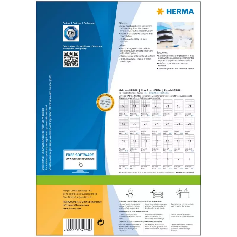 Etiquetas autoadhesivas para impresora HERMA Labels Premium A4 52,5x21,2 mm