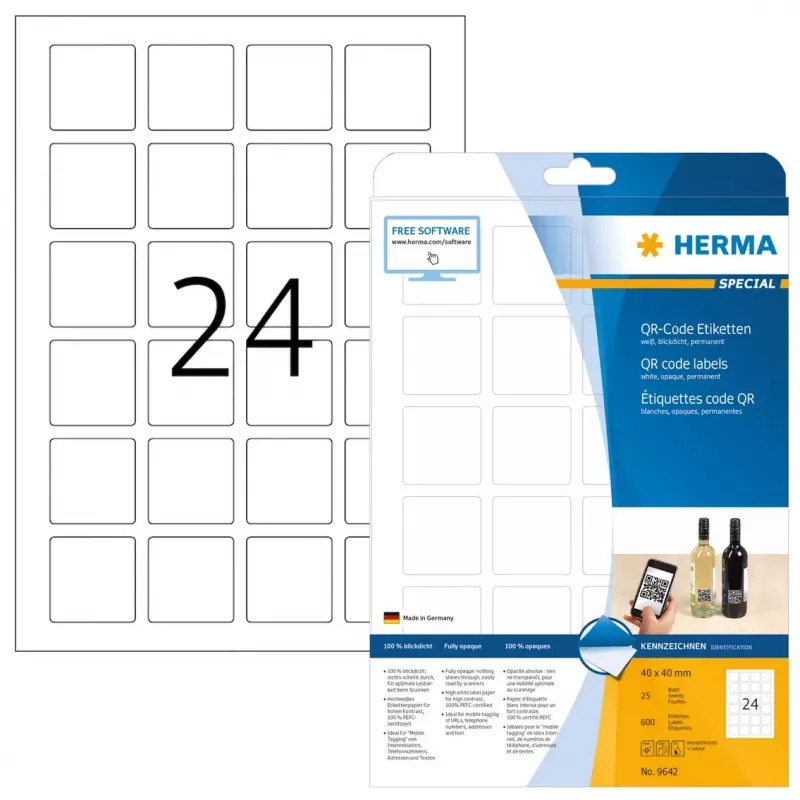 Etiquetas con código QR HERMA 9642 A4 40x40 mm cuadradas papel blanco