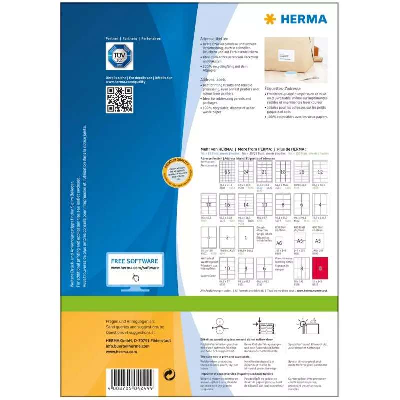 Etiquetas de direcciones Premium HERMA A4 199,6x143,5 mm 200 unidades