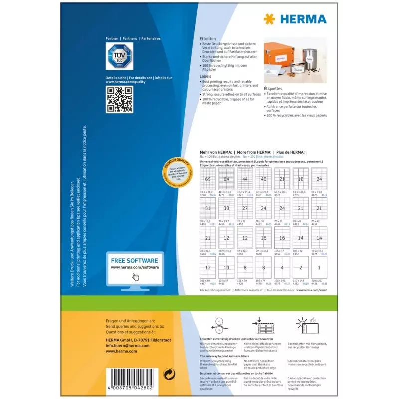 Etiqueta autoadhesiva para impresora HERMA Labels Premium A4 97x67,7 mm