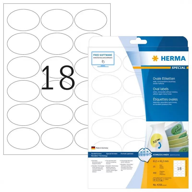 Etiquetas autoadhesivas HERMA despegables A4 63,5x42,3 mm 450 unidades