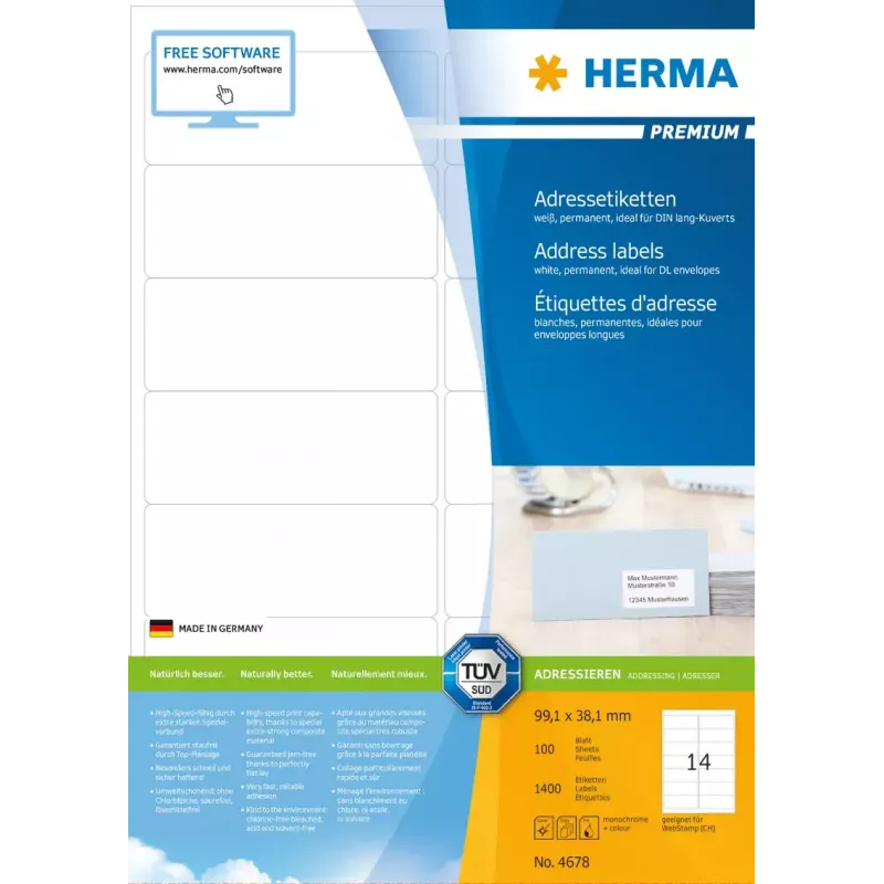 Etiquetas de direcciones Premium HERMA A4 99,1x38,1 mm 1400 unidades