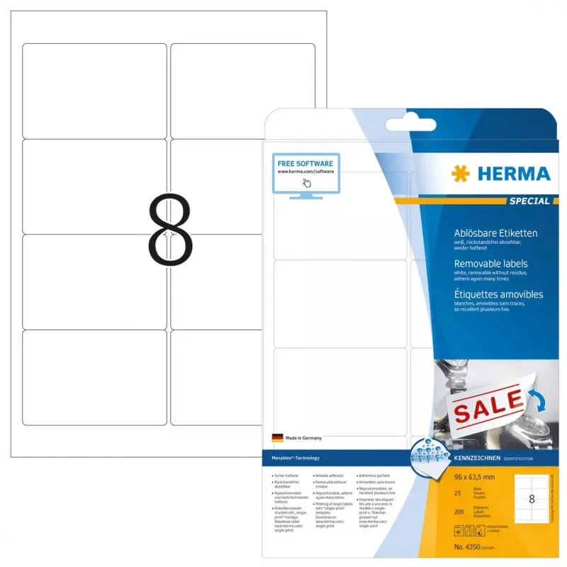Etiqueta de impresora autoadhesiva HERMA Etiquetas removibles A4 96x63,5 mm