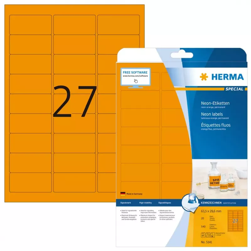 Etiquetas HERMA Neon A4 63,5x29,6 mm naranja brillante 540 uds.
