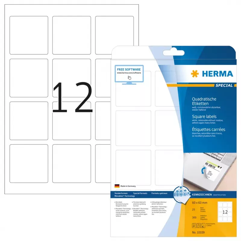 Etiquetas removibles HERMA 10109 A4 60x60 mm cuadradas blancas