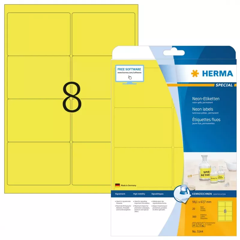 Etiquetas HERMA Neon A4 99,1x67,7 mm amarillo brillante 160 uds.