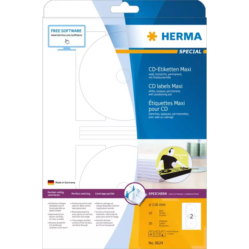 Etiqueta de impresora autoadhesiva HERMA Etiquetas para CD Maxi A4 Ø 116 mm